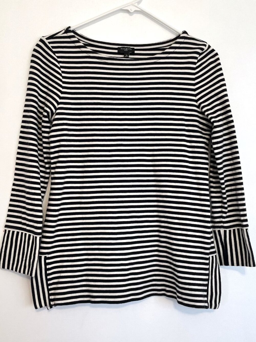 TALBOTS Bateau Neck Striped Tunic Black White Long Sleeve Cotton PETITE Small PS - Picture 2 of 15